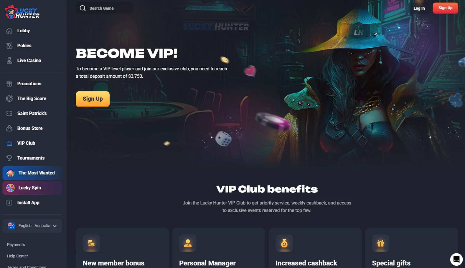 Screen of the Lucky Hunter Casino VIP program page for gamblers