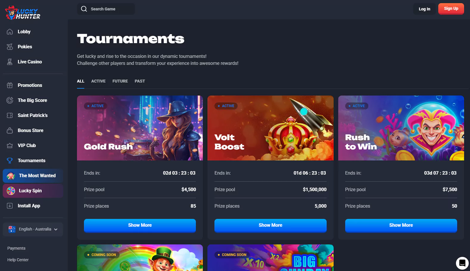 Screenshot of tournaments page with prizes at Lucky Hunter Casino