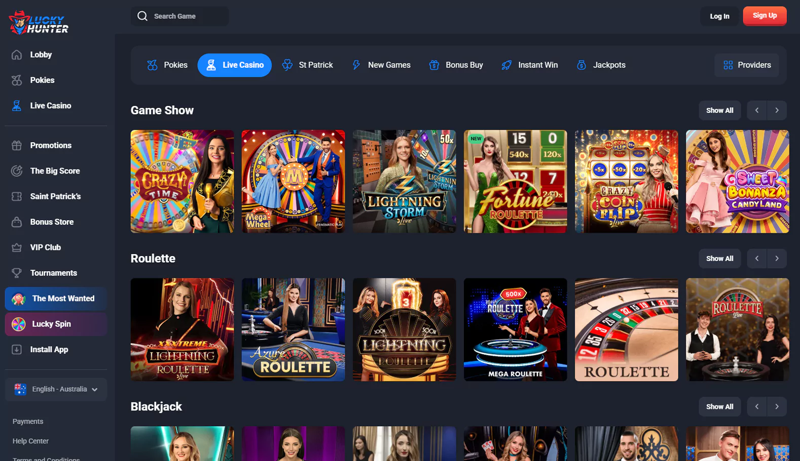 Screenshot of live casino games at Lucky Hunter