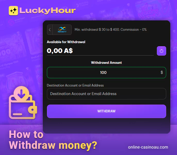 Process of withdrawing winnings to your account from Lucky Hour online casino