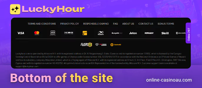 Important information at the bottom of the Lucky Hour casino site