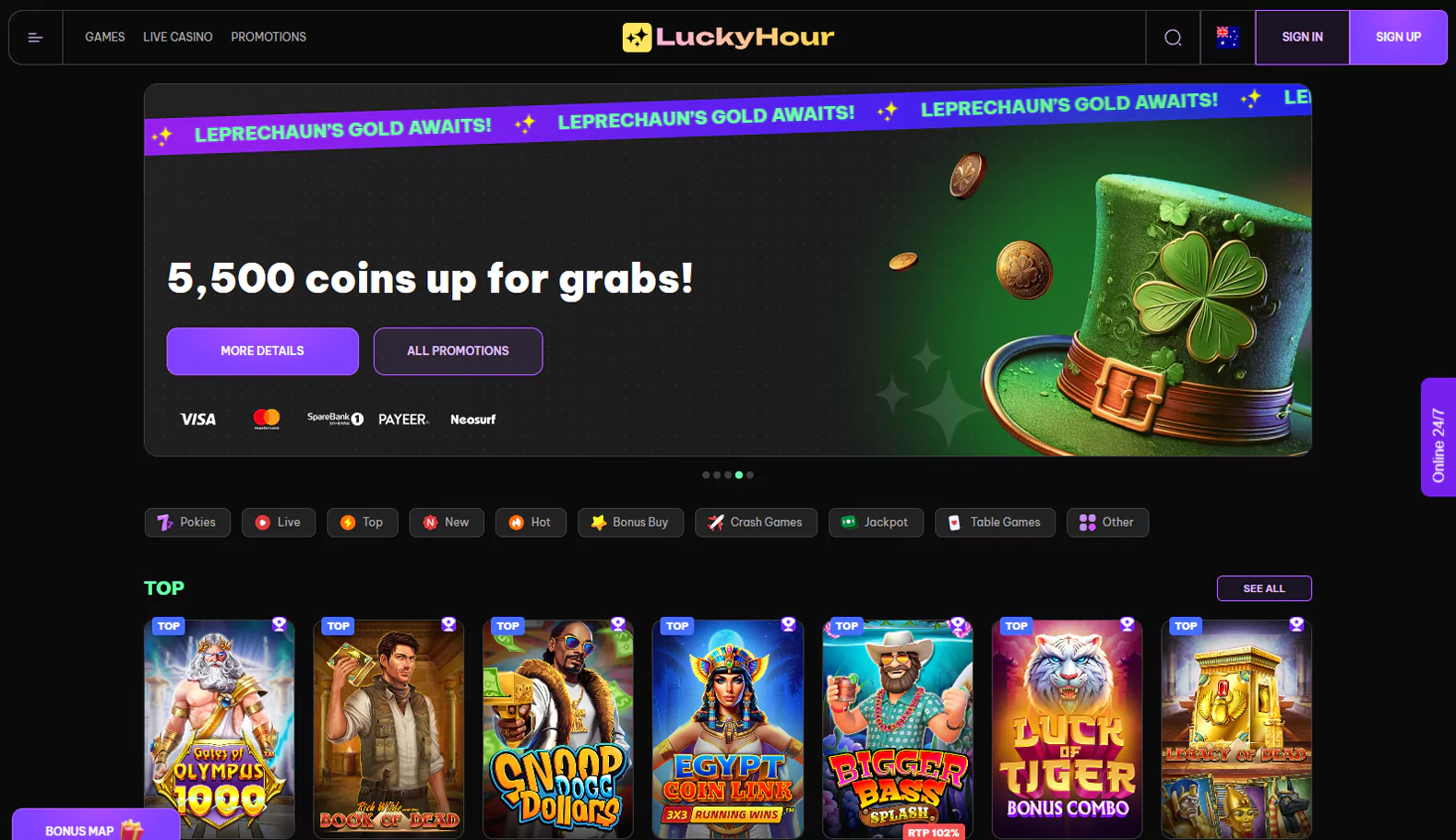 Lucky Hour online casino lobby screenshot