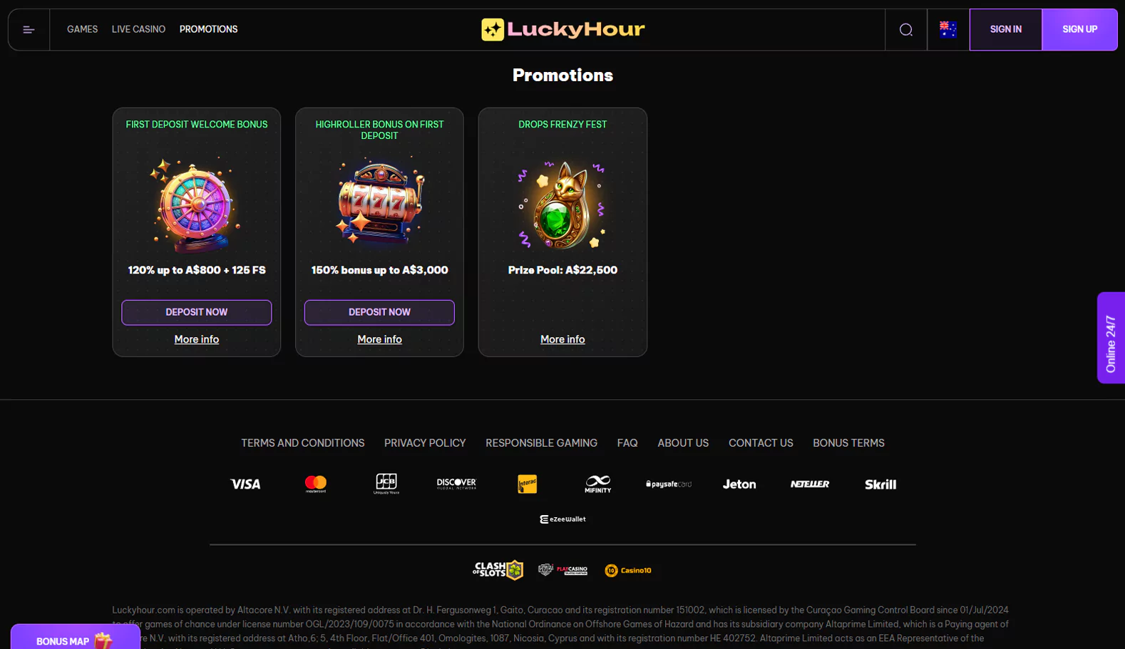 Lucky Hour's bonus offers page for Australian gamblers