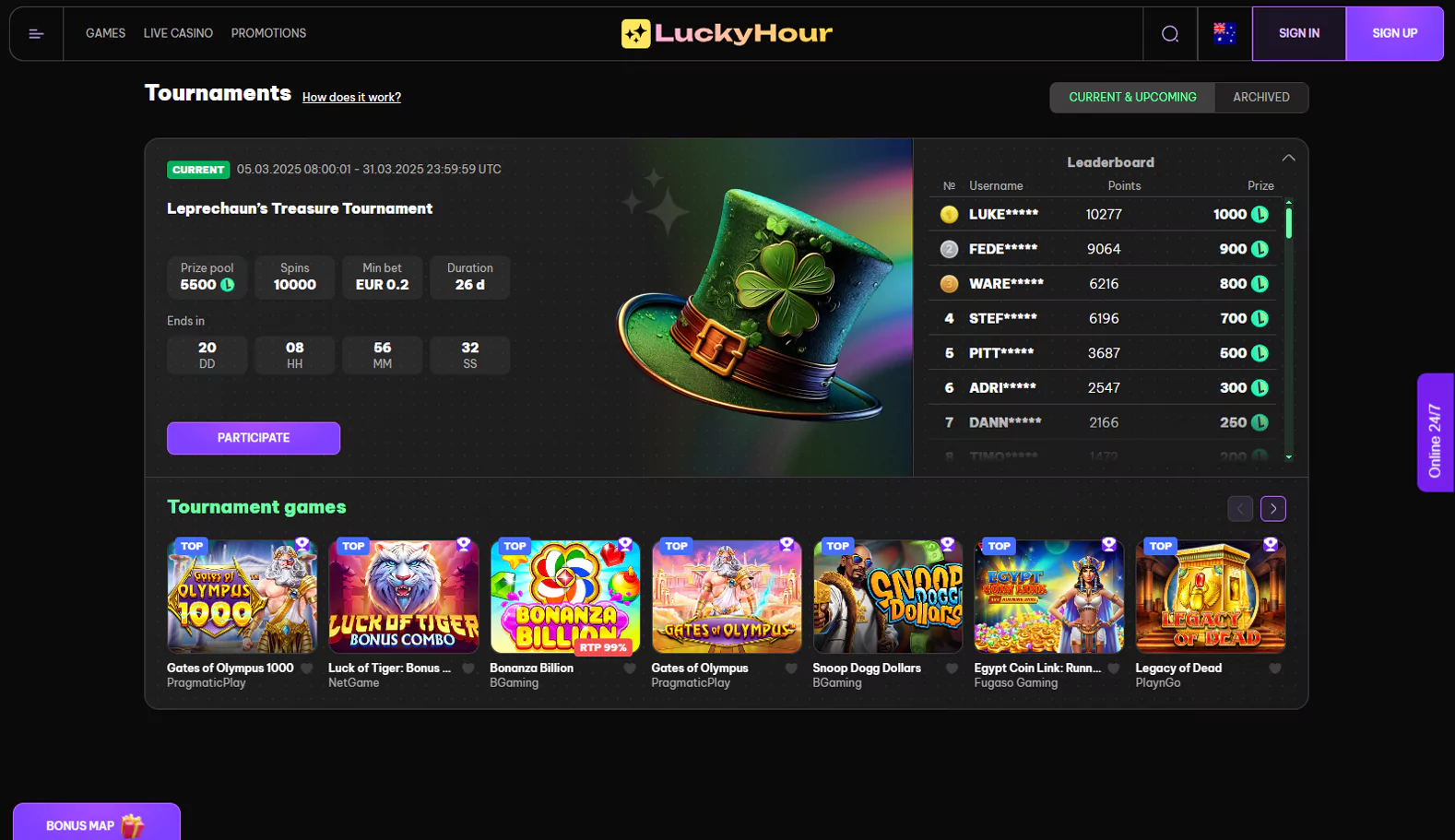 Screenshot of the tournaments page at Lucky Hour online casino