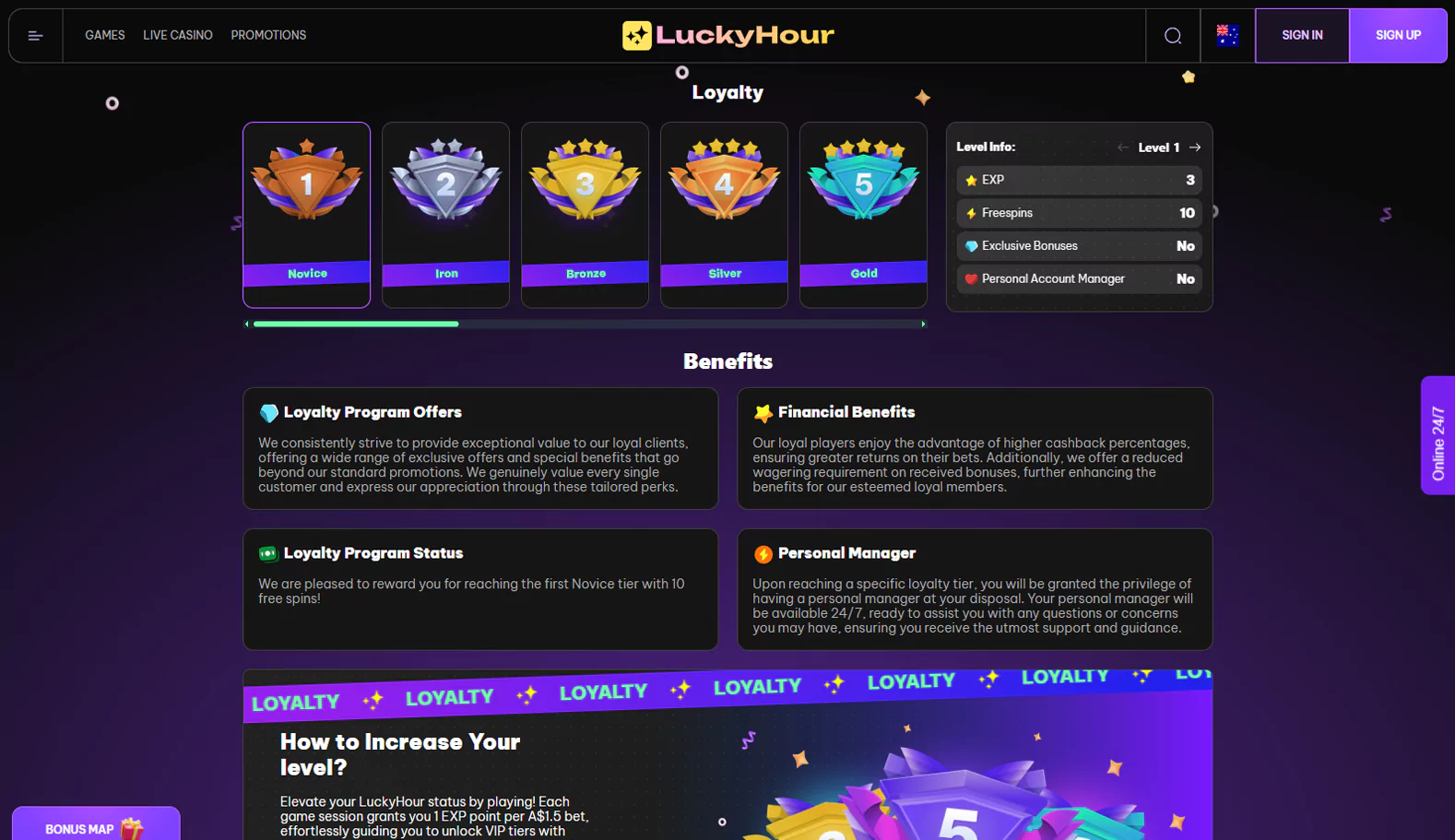 Screenshot of the Lucky Hour casino player loyalty program page