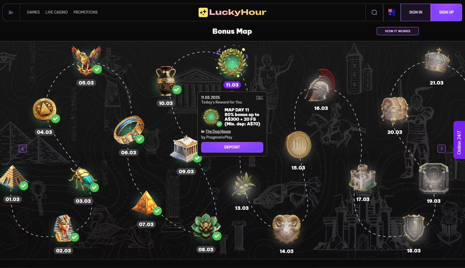 Screenshot of the daily bonuses page at Lucky Hour online casino