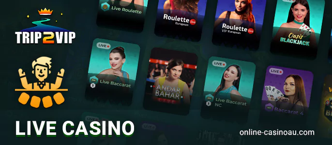 Live games section at Trip2vip Casino - roulette, poker and more