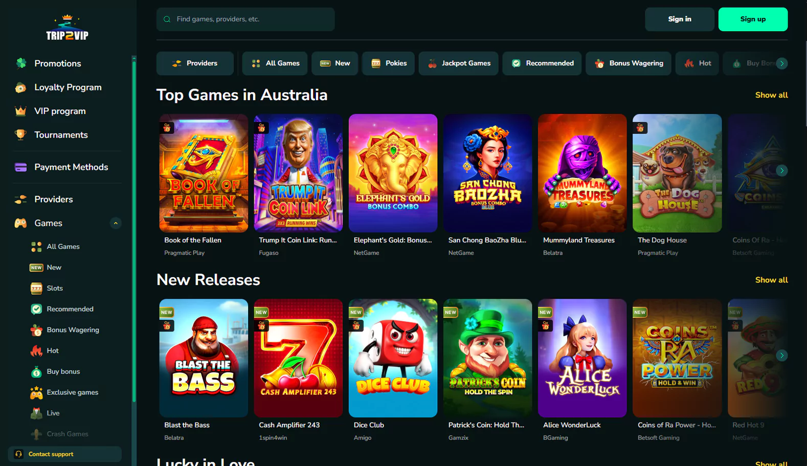 Trip2vip Casino homepage screenshot