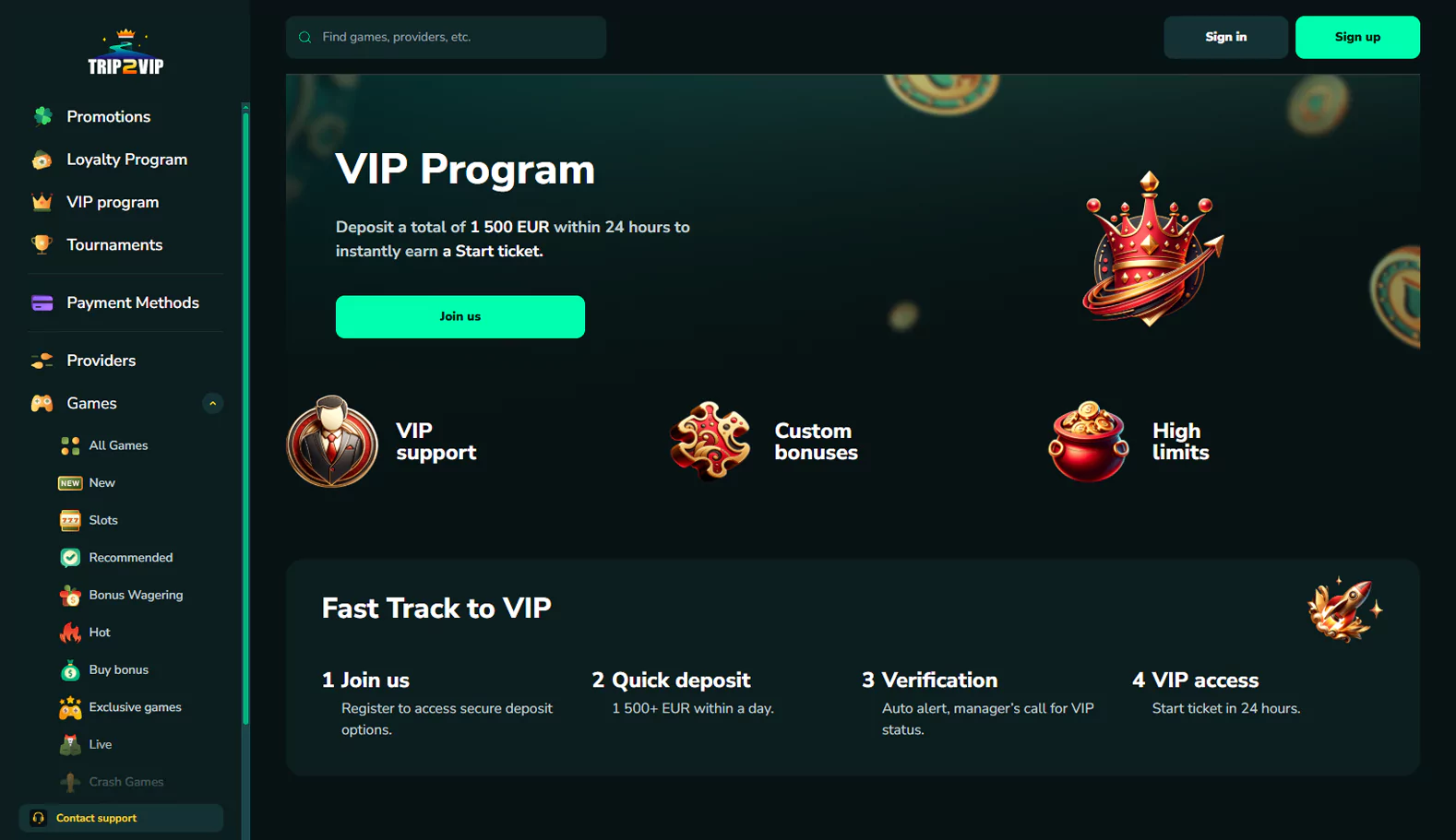 Screenshot of Trip2vip Casino VIP program page