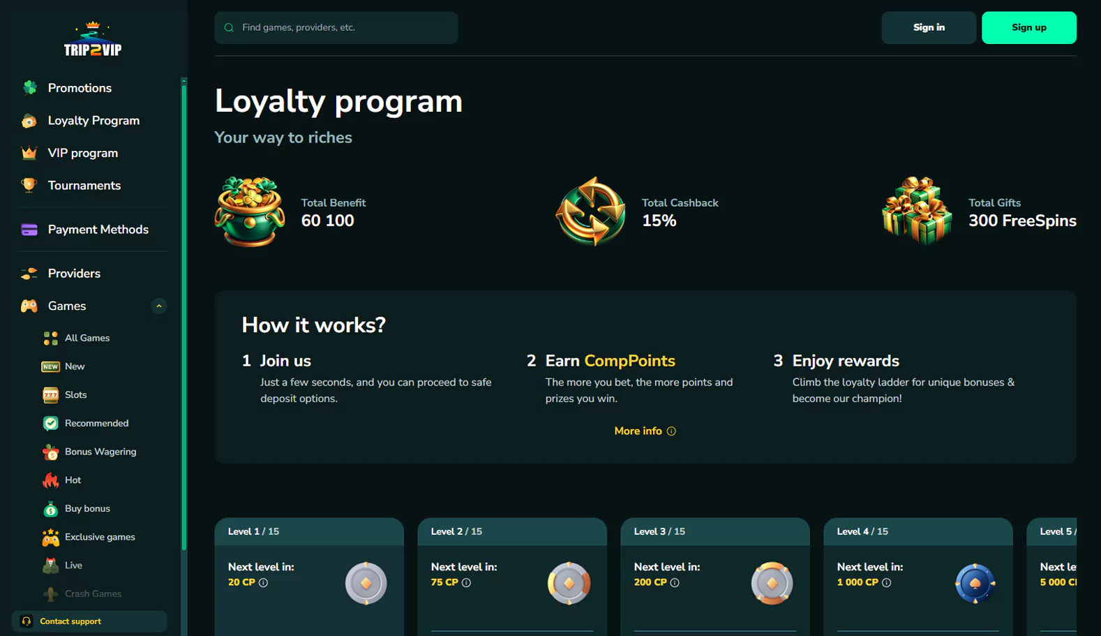 Screen of the loyalty program page at Trip2vip Casino