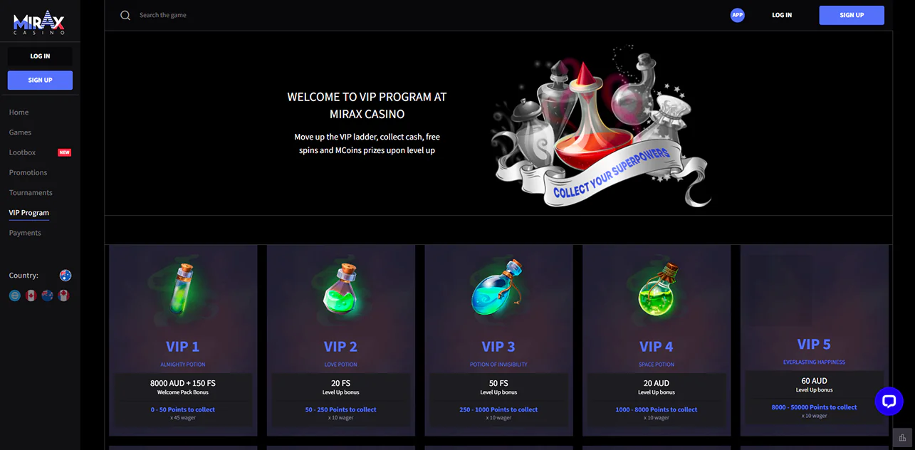 Mirax Casino VIP program for players from Austarlia