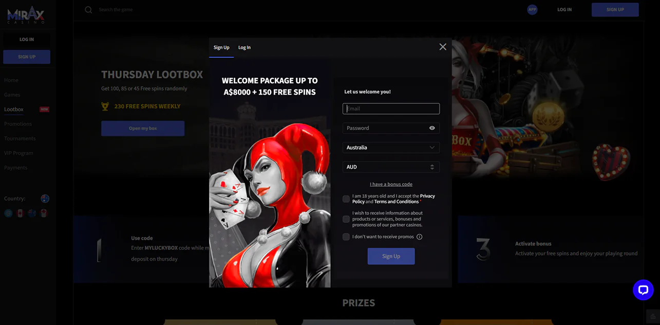 Registration process on Mirax casino Australia