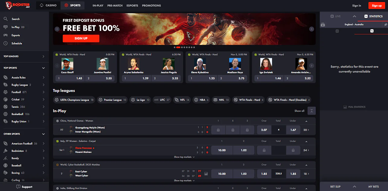 Sports betting optios in Rooster Bet Casino for players form Australia