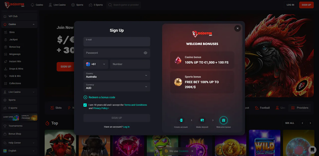 Rooster Bet Casino registration process for players form Australia